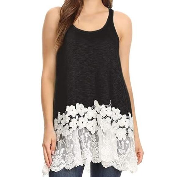 NWOT ~ Long Black Sleeveless Tank Top with Wide White Lace Bottom ~Plus Size 1XL - Picture 1 of 3